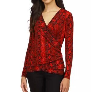 Michael Kors Red Black Snakeskin Print Crossover Border Shirt Womens Size XS